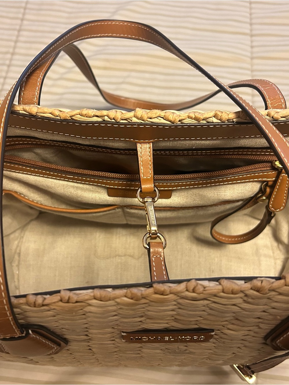 Michael Kors Natural Woven Tote with Brown Leather Trim & Gold Hardware - Picture 16 of 16